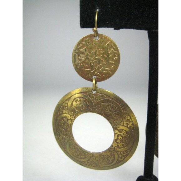 Earring Pierced 3 in Jewelry Dangle Brasstone Hammered Texture Boho Statement - Picture 3 of 5